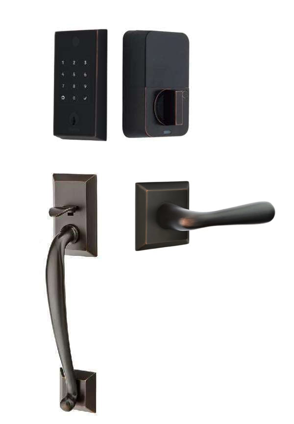 The Emtek EMPowered 2 Touch Entry Set with Franklin Grip and Interior Basel Lever in Oil Rubbed Bronze finish.