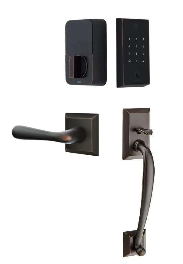 The Emtek EMPowered 2 Touch Entry Set with Franklin Grip and Interior Basel Lever in Oil Rubbed Bronze finish.