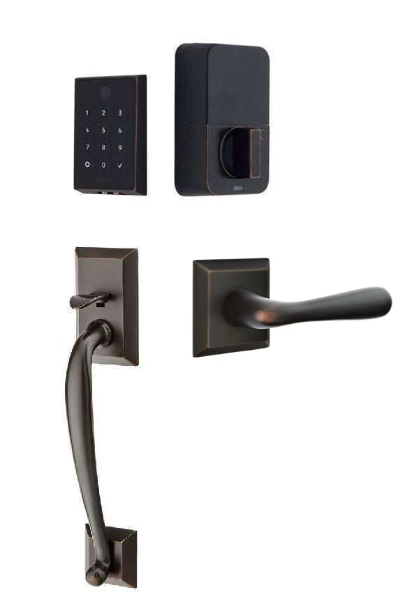 The Emtek EMPowered 2 Touch Entry Set with Franklin Grip and Interior Basel Lever in Oil Rubbed Bronze finish.