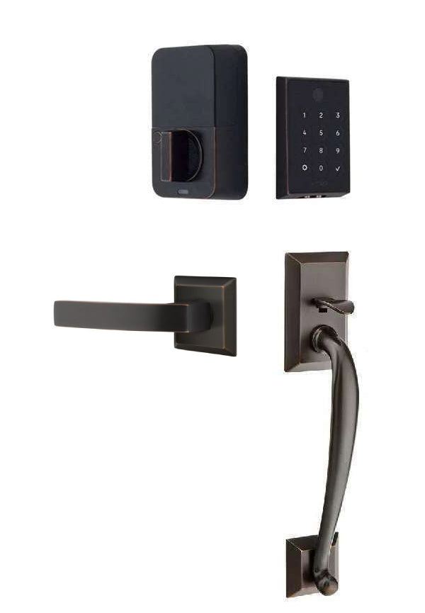 The Emtek EMPowered 2 Touch Entry Set with Franklin Grip and Interior Breslin Lever in Oil Rubbed Bronze finish.