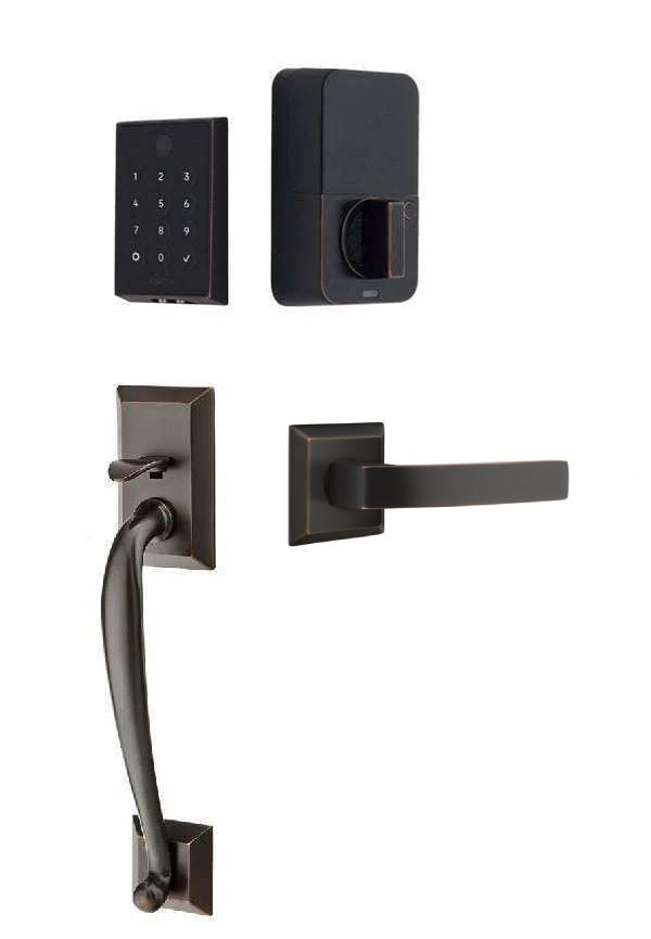 The Emtek EMPowered 2 Touch Entry Set with Franklin Grip and Interior Breslin Lever in Oil Rubbed Bronze finish.
