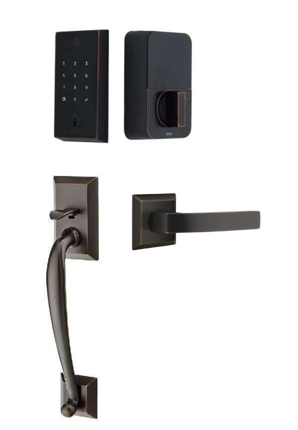 The Emtek EMPowered 2 Touch Entry Set with Franklin Grip and Interior Breslin Lever in Oil Rubbed Bronze finish.