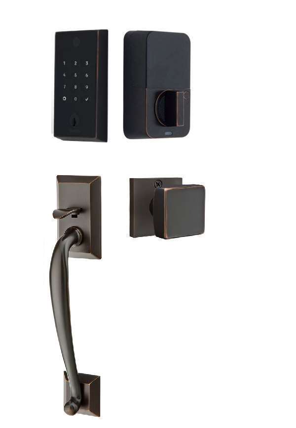 The Emtek EMPowered 2 Touch Entry Set with Franklin Grip and Interior Square Knob in Oil Rubbed Bronze finish.