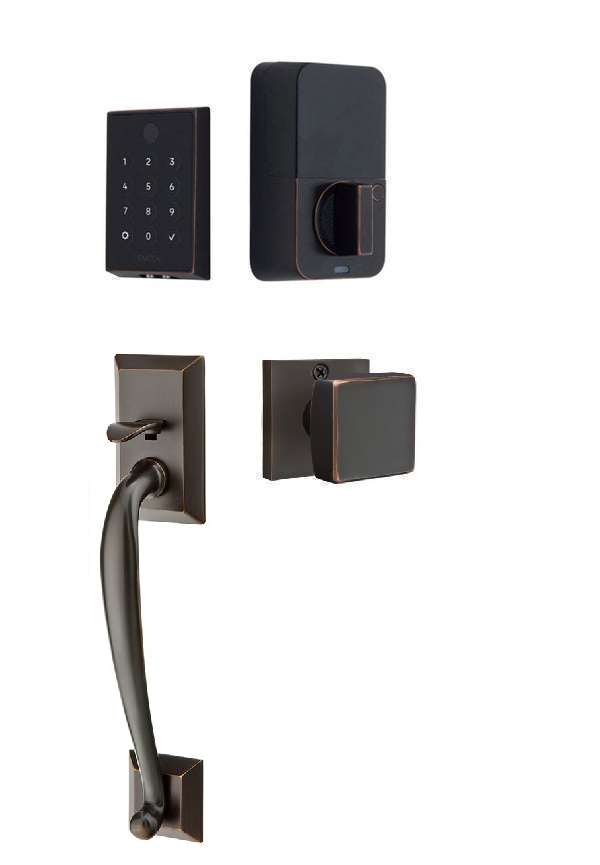 The Emtek EMPowered 2 Touch Entry Set with Franklin Grip and Interior Square Knob in Oil Rubbed Bronze finish.