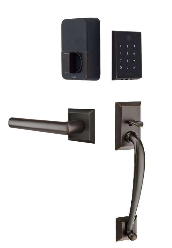 The Emtek EMPowered 2 Touch Entry Set with Franklin Grip and Interior Stuttgart Lever in Oil Rubbed Bronze finish.