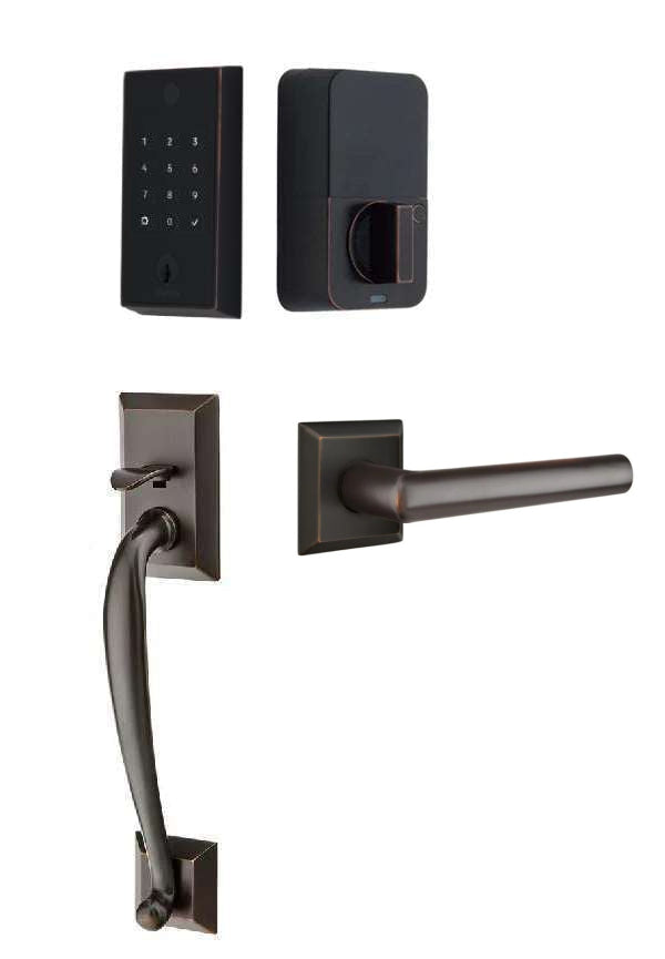 The Emtek EMPowered 2 Touch Entry Set with Franklin Grip and Interior Stuttgart Lever in Oil Rubbed Bronze finish.