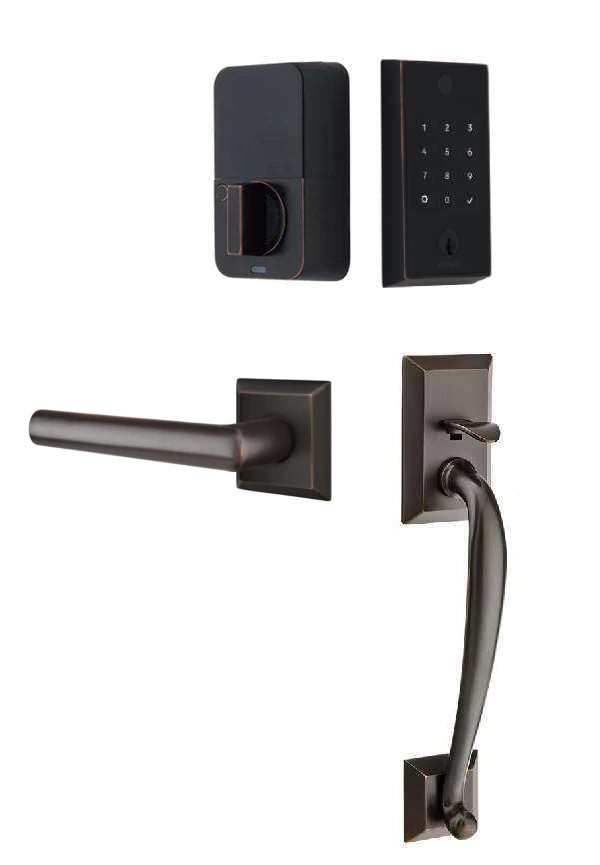 The Emtek EMPowered 2 Touch Entry Set with Franklin Grip and Interior Stuttgart Lever in Oil Rubbed Bronze finish.