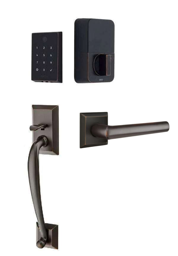 The Emtek EMPowered 2 Touch Entry Set with Franklin Grip and Interior Stuttgart Lever in Oil Rubbed Bronze finish.