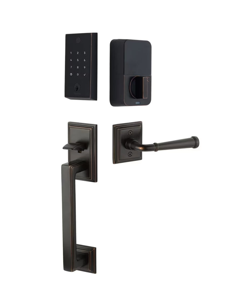 The Emtek EMPowered 2 Touch Entry Set with Hamden Grip and Interior Merrimack Lever in Oil Rubbed Bronze finish.