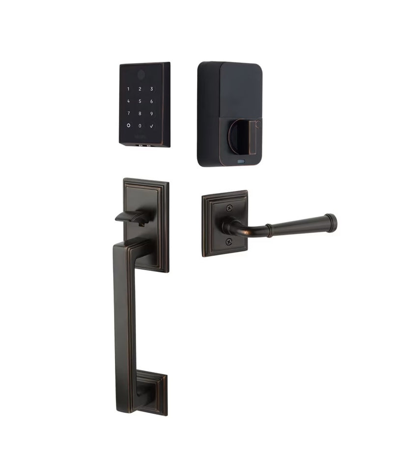 The Emtek EMPowered 2 Touch Entry Set with Hamden Grip and Interior Merrimack Lever in Oil Rubbed Bronze finish.