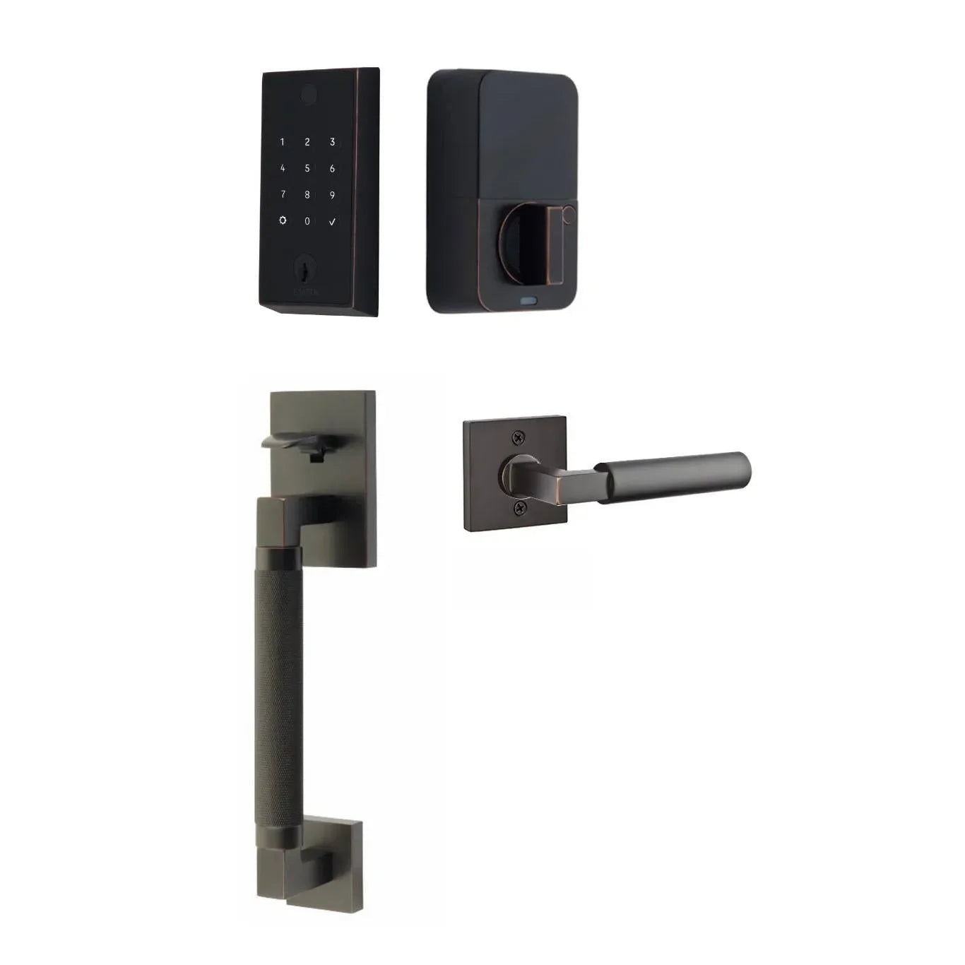 The Emtek EMPowered 2 Touch Entry Set with Hercules Knurled Grip and Interior Hercules Lever in Oil Rubbed Bronze finish.