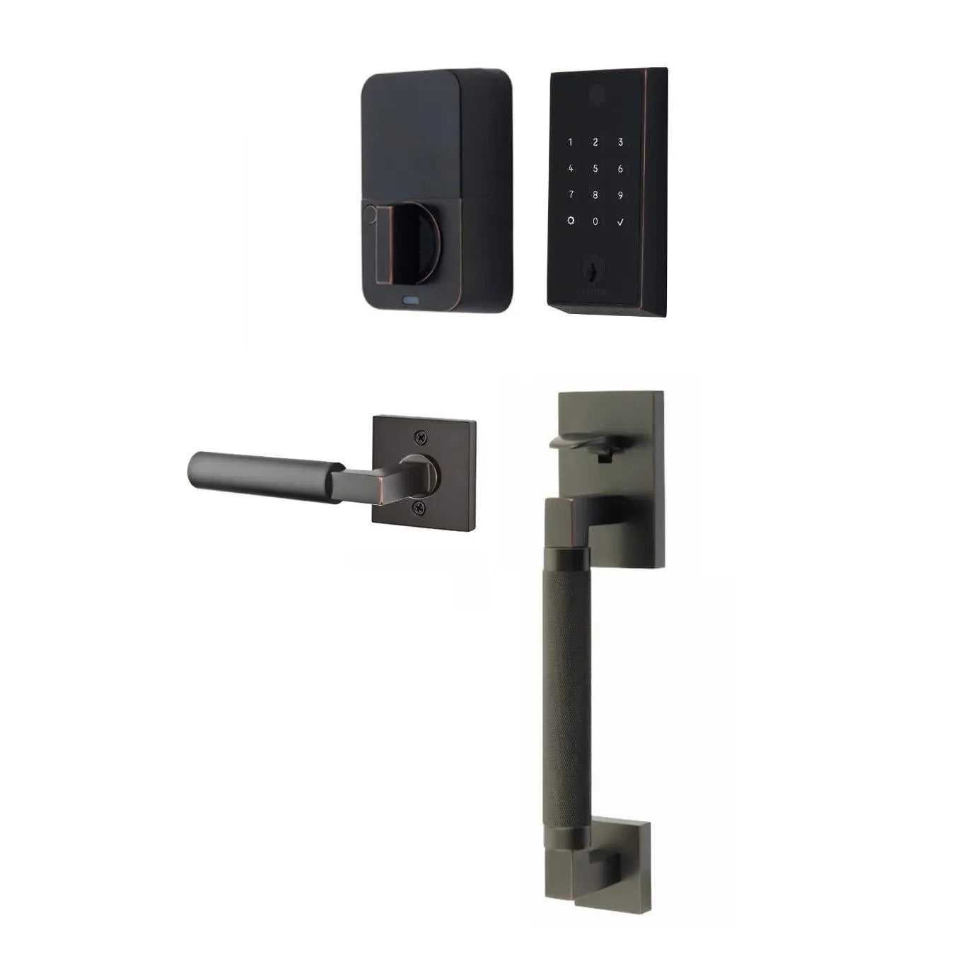 The Emtek EMPowered 2 Touch Entry Set with Hercules Knurled Grip and Interior Hercules Lever in Oil Rubbed Bronze finish.