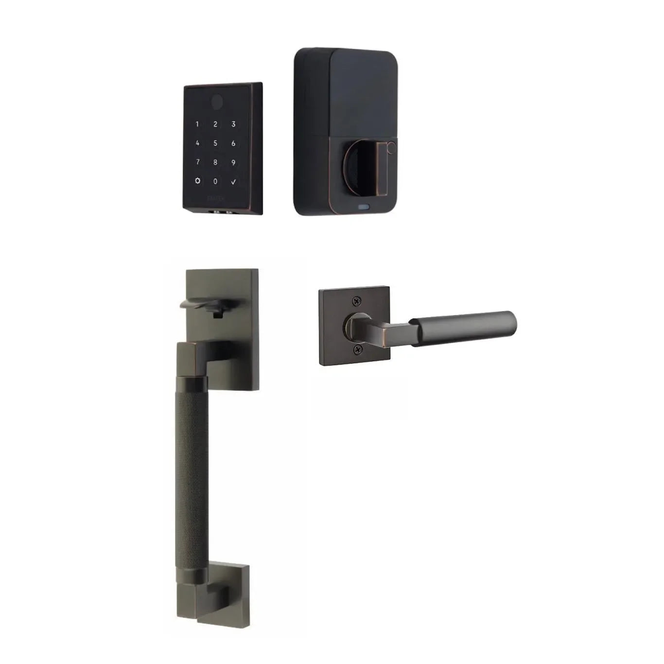 The Emtek EMPowered 2 Touch Entry Set with Hercules Knurled Grip and Interior Hercules Lever in Oil Rubbed Bronze finish.