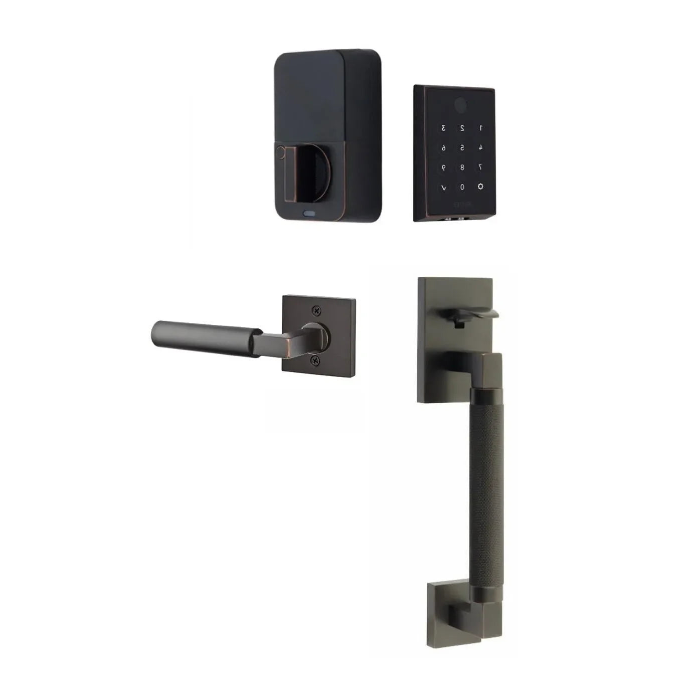 The Emtek EMPowered 2 Touch Entry Set with Hercules Knurled Grip and Interior Hercules Lever in Oil Rubbed Bronze finish.