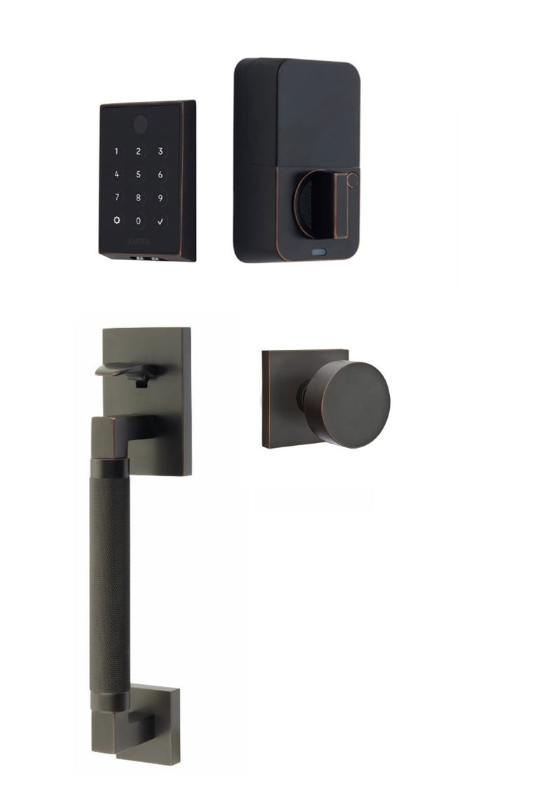 The Emtek EMPowered 2 Touch Entry Set with Hercules Knurled Grip and Interior Round Knob in Oil Rubbed Bronze finish.