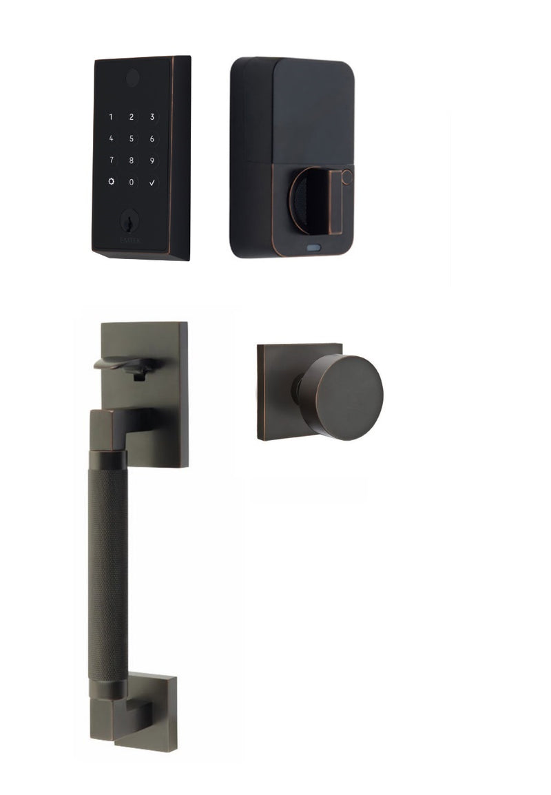 The Emtek EMPowered 2 Touch Entry Set with Hercules Knurled Grip and Interior Round Knob in Oil Rubbed Bronze finish.