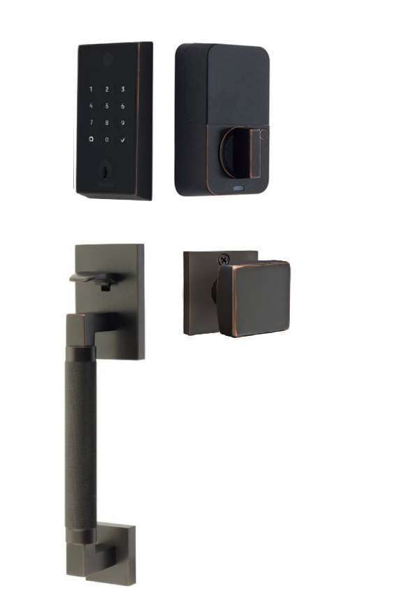 The Emtek EMPowered 2 Touch Entry Set with Hercules Knurled Grip and Interior Square Knob in Oil Rubbed Bronze finish.