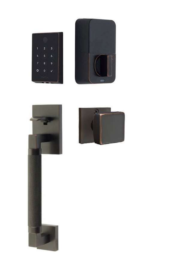 The Emtek EMPowered 2 Touch Entry Set with Hercules Knurled Grip and Interior Square Knob in Oil Rubbed Bronze finish.