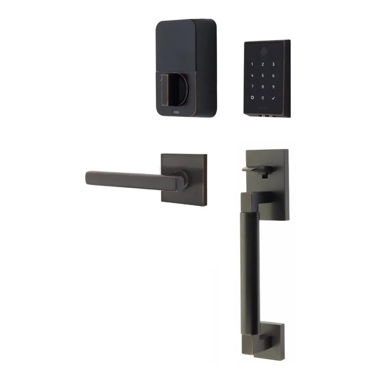 The Emtek EMPowered 2 Touch Entry Set with Hercules Smooth Grip and Interior Freestone Lever in Oil Rubbed Bronze finish.
