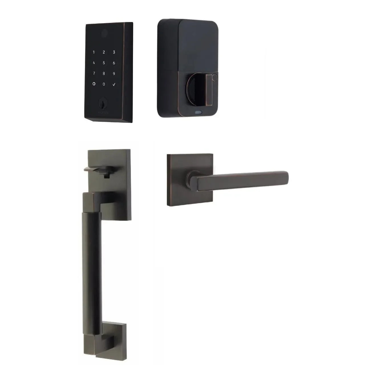 The Emtek EMPowered 2 Touch Entry Set with Hercules Smooth Grip and Interior Freestone Lever in Oil Rubbed Bronze finish.