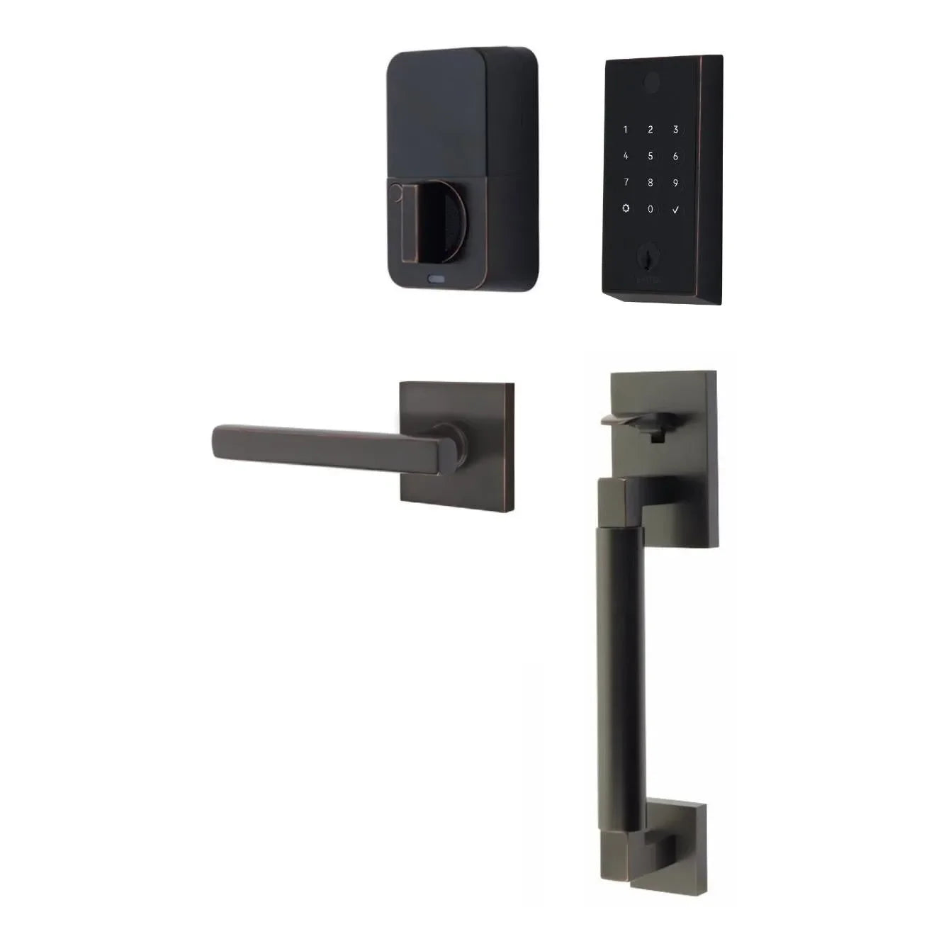 The Emtek EMPowered 2 Touch Entry Set with Hercules Smooth Grip and Interior Freestone Lever in Oil Rubbed Bronze finish.