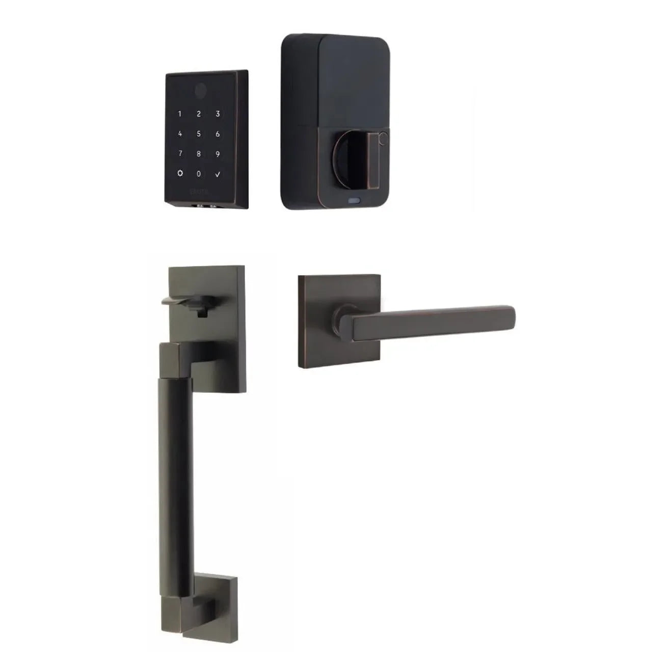 The Emtek EMPowered 2 Touch Entry Set with Hercules Smooth Grip and Interior Freestone Lever in Oil Rubbed Bronze finish.