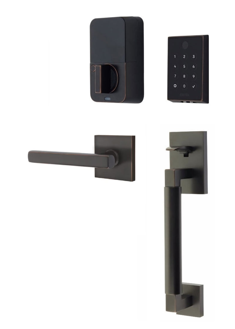 The Emtek EMPowered 2 Touch Entry Set with Hercules Smooth Grip and Interior Freestone Lever in Oil Rubbed Bronze finish.