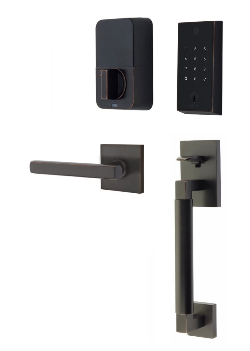 The Emtek EMPowered 2 Touch Entry Set with Hercules Smooth Grip and Interior Freestone Lever in Oil Rubbed Bronze finish.