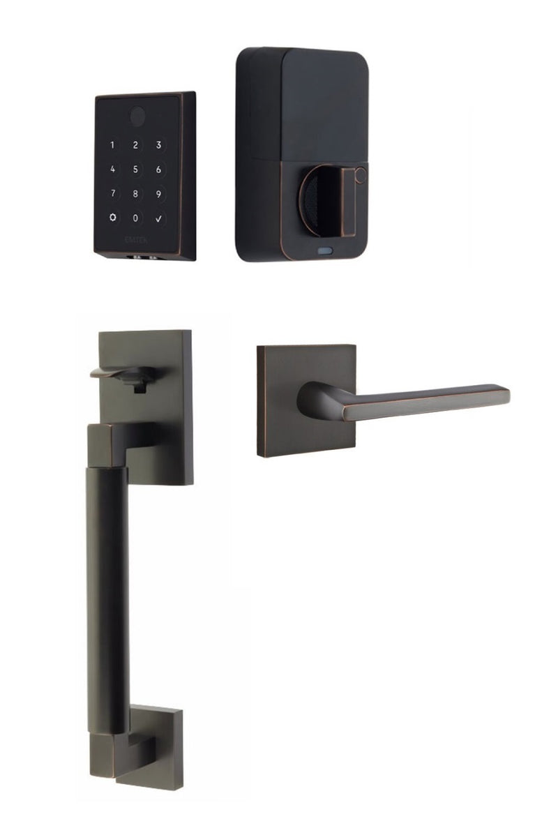 The Emtek EMPowered 2 Touch Entry Set with Hercules Smooth Grip and Interior Helios Lever in Oil Rubbed Bronze finish.