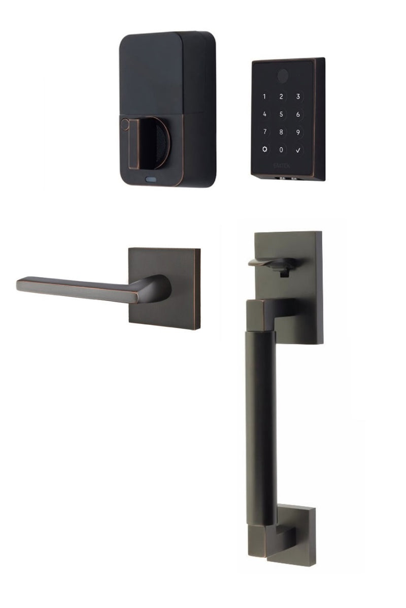 The Emtek EMPowered 2 Touch Entry Set with Hercules Smooth Grip and Interior Helios Lever in Oil Rubbed Bronze finish.