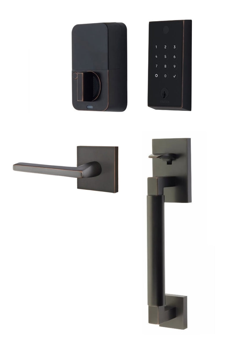 The Emtek EMPowered 2 Touch Entry Set with Hercules Smooth Grip and Interior Helios Lever in Oil Rubbed Bronze finish.