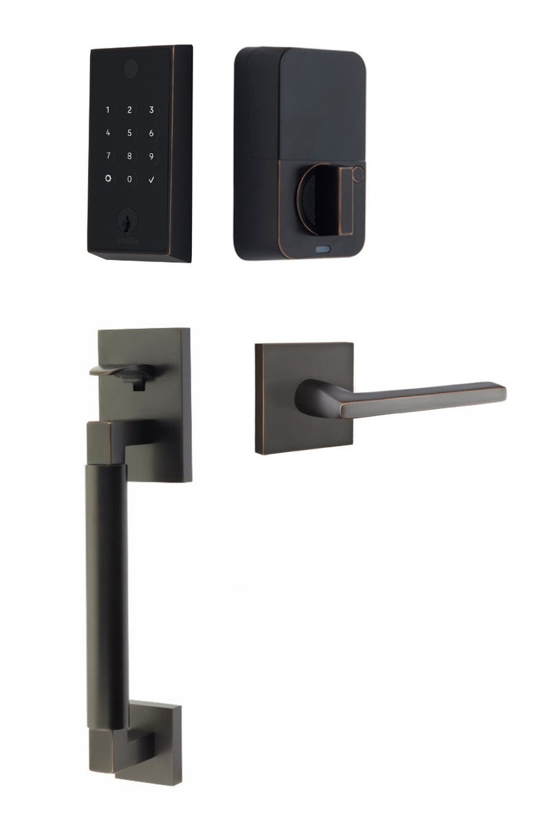 The Emtek EMPowered 2 Touch Entry Set with Hercules Smooth Grip and Interior Helios Lever in Oil Rubbed Bronze finish.