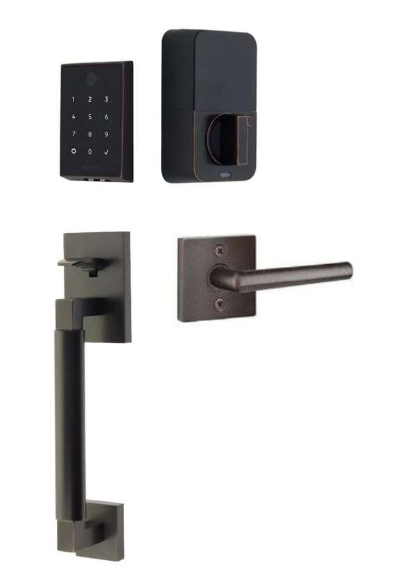 The Emtek EMPowered 2 Touch Entry Set with Hercules Smooth Grip and Interior Stuttgart Lever in Oil Rubbed Bronze finish.