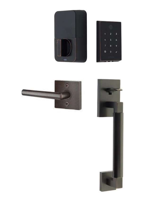 The Emtek EMPowered 2 Touch Entry Set with Hercules Smooth Grip and Interior Stuttgart Lever in Oil Rubbed Bronze finish.