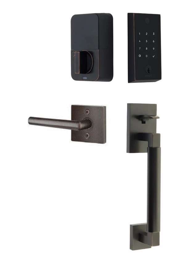 The Emtek EMPowered 2 Touch Entry Set with Hercules Smooth Grip and Interior Stuttgart Lever in Oil Rubbed Bronze finish.