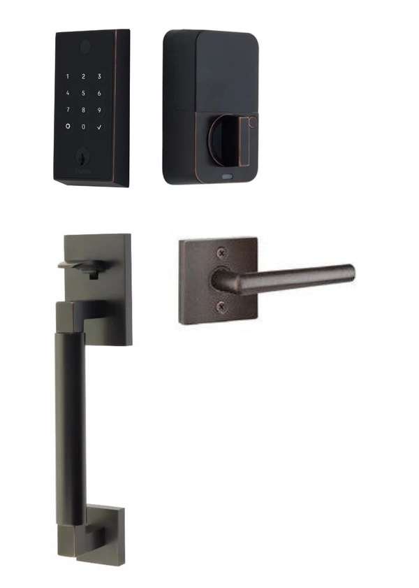 The Emtek EMPowered 2 Touch Entry Set with Hercules Smooth Grip and Interior Stuttgart Lever in Oil Rubbed Bronze finish.