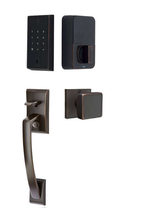 The Emtek EMPowered 2 Touch Key Free Entry Set with Ares Grip and Interior Square Knob in Oil Rubbed Bronze finish.