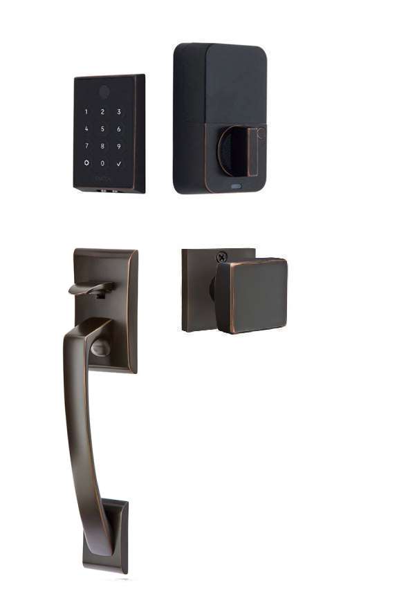 The Emtek EMPowered 2 Touch Key Free Entry Set with Ares Grip and Interior Square Knob in Oil Rubbed Bronze finish.