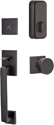 The Emtek EMPowered Baden Tubular Entrance Handleset Single Cylinder with Bern Knob in Oil Rubbed Bronze finish