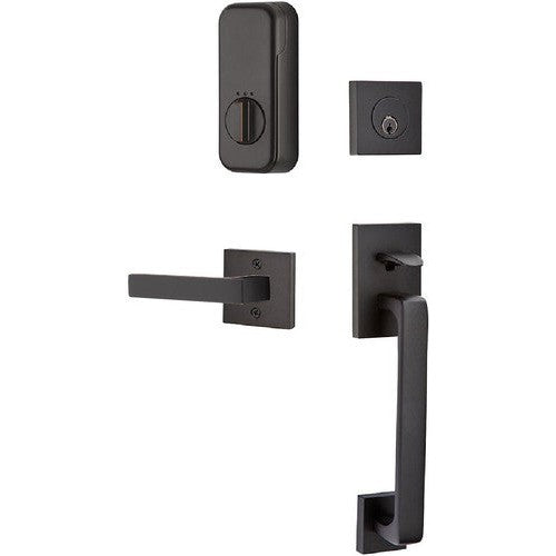 The Emtek EMPowered Baden Tubular Entrance Handleset Single Cylinder with Dumont Lever in Oil Rubbed Bronze finish