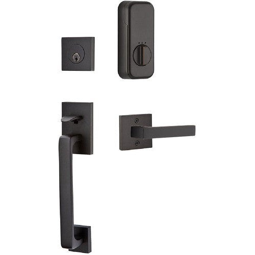 The Emtek EMPowered Baden Tubular Entrance Handleset Single Cylinder with Dumont Lever in Oil Rubbed Bronze finish