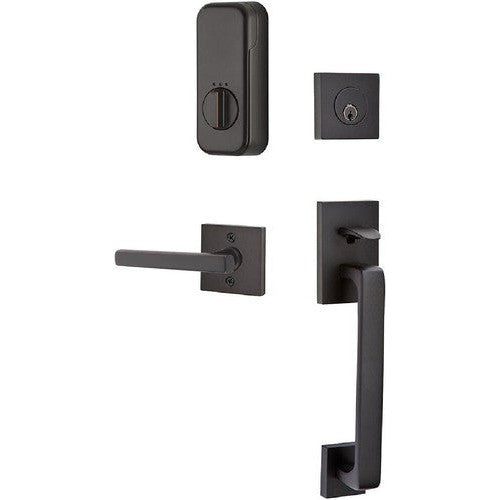 The Emtek EMPowered Baden Tubular Entrance Handleset Single Cylinder with Freestone Lever in Oil Rubbed Bronze finish