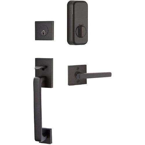 The Emtek EMPowered Baden Tubular Entrance Handleset Single Cylinder with Freestone Lever in Oil Rubbed Bronze finish