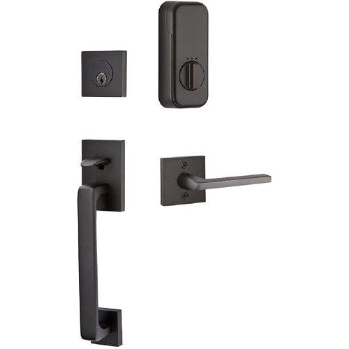 The Emtek EMPowered Baden Tubular Entrance Handleset Single Cylinder with Helios Lever in Oil Rubbed Bronze finish