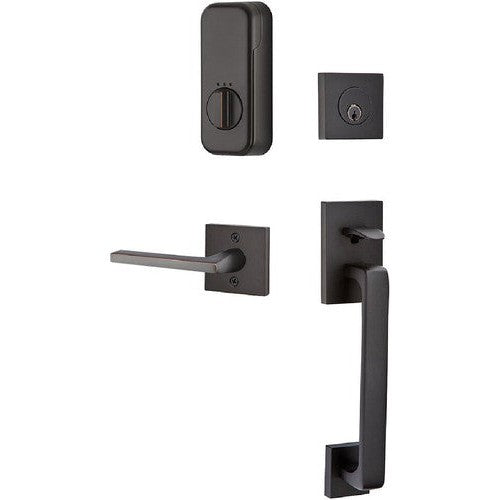 The Emtek EMPowered Baden Tubular Entrance Handleset Single Cylinder with Helios Lever in Oil Rubbed Bronze finish