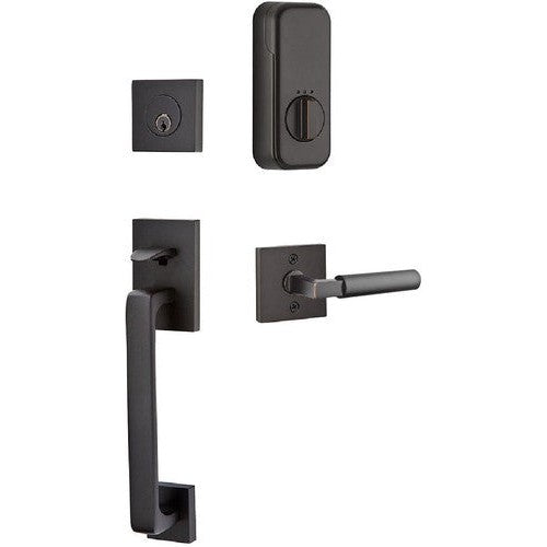 The Emtek EMPowered Baden Tubular Entrance Handleset Single Cylinder with Hercules Lever in Oil Rubbed Bronze finish