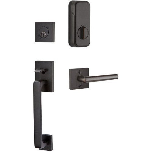 The Emtek EMPowered Baden Tubular Entrance Handleset Single Cylinder with Stuttgart Lever in Oil Rubbed Bronze finish