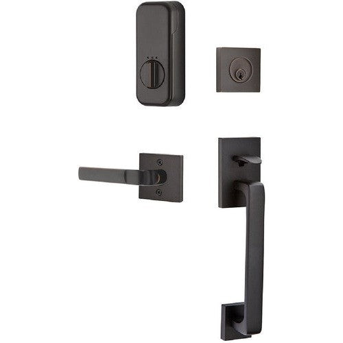 The Emtek EMPowered Smart Lock Baden Tubular Single Cylinder Entrance Handleset with Aston Lever in Oil Rubbed Bronze finish