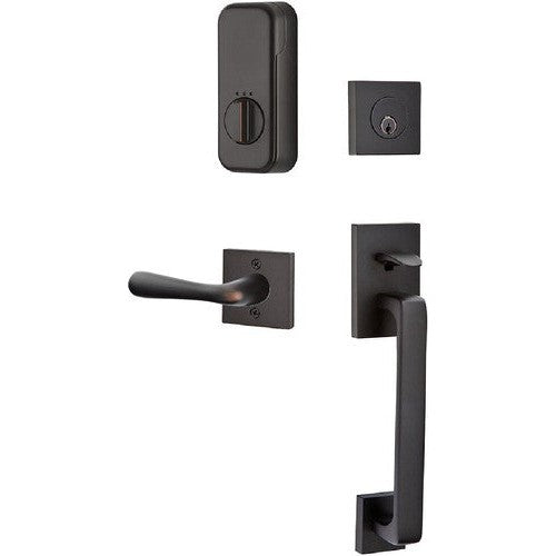 The Emtek EMPowered Smart Lock Baden Tubular Single Cylinder Entrance Handleset with Basel Lever in Oil Rubbed Bronze finish