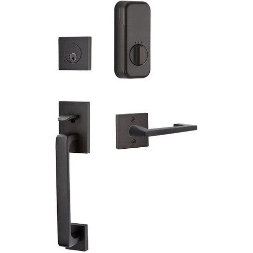 The Emtek EMPowered Smart Lock Upgrade Baden Tubular Single Cylinder Entrance Handleset with Argos Lever in Oil Rubbed Bronze finish